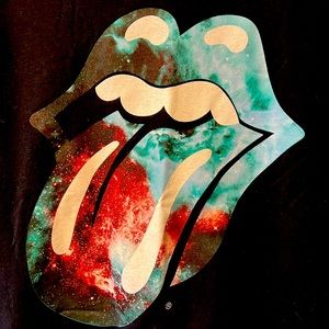Classic Black Rolling Stones Rock Band Galaxy Multicolored Tongue Lips Logo Tee!